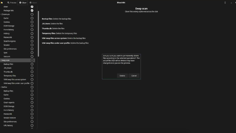 BleachBit scanning for cleanable files across system categories