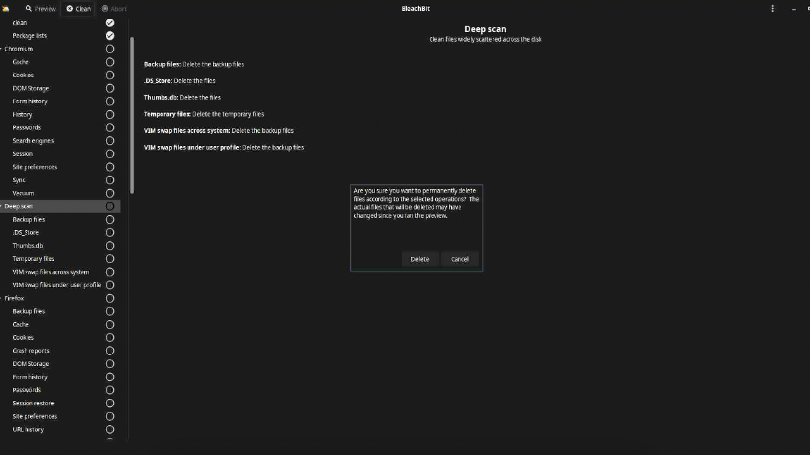 Running a Bleachbit scan.