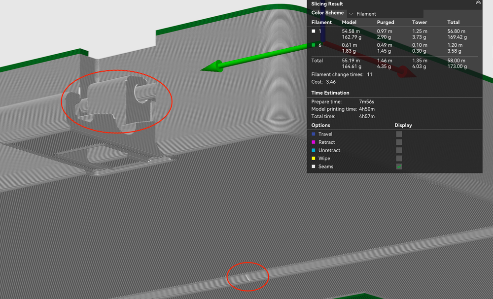 Slicer preview showing seam positions before printing