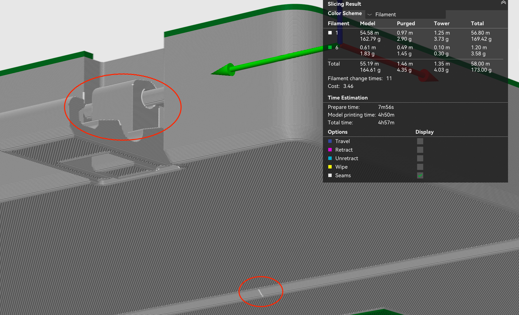 Bambu Studio slicer highlighting seam locations on a model.