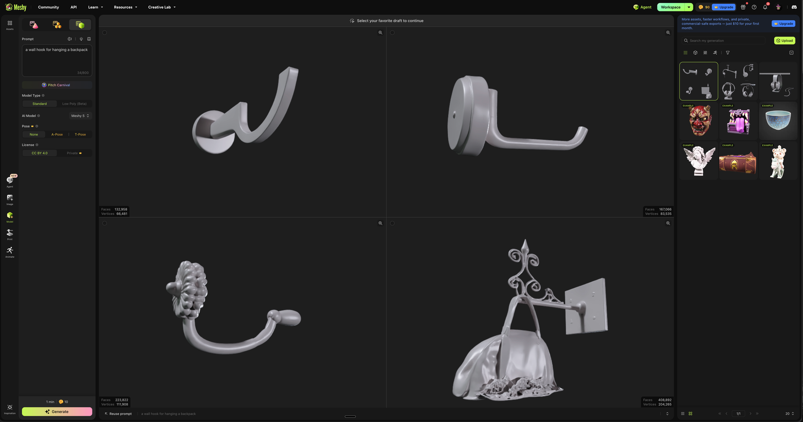 Meshy's 3D printing AI designer showing multiple designs for a backpack hanger.