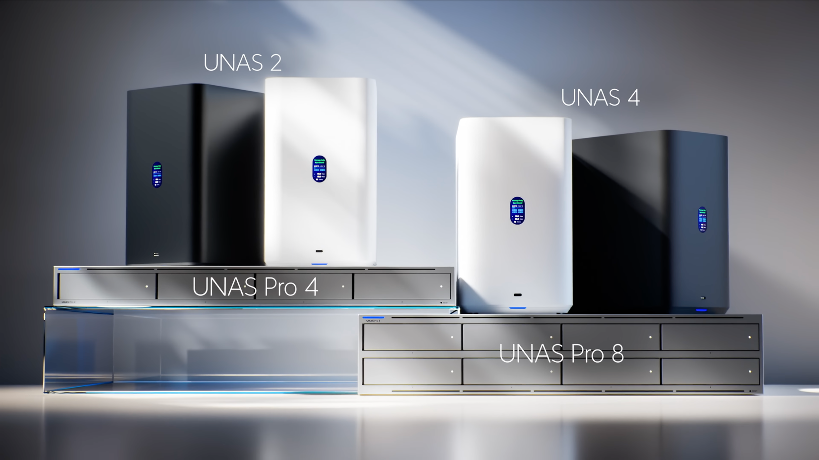 UniFi's NAS lineup showing the UNAS 2, UNAS 4, UNAS Pro 4 and UNAS Pro 8.