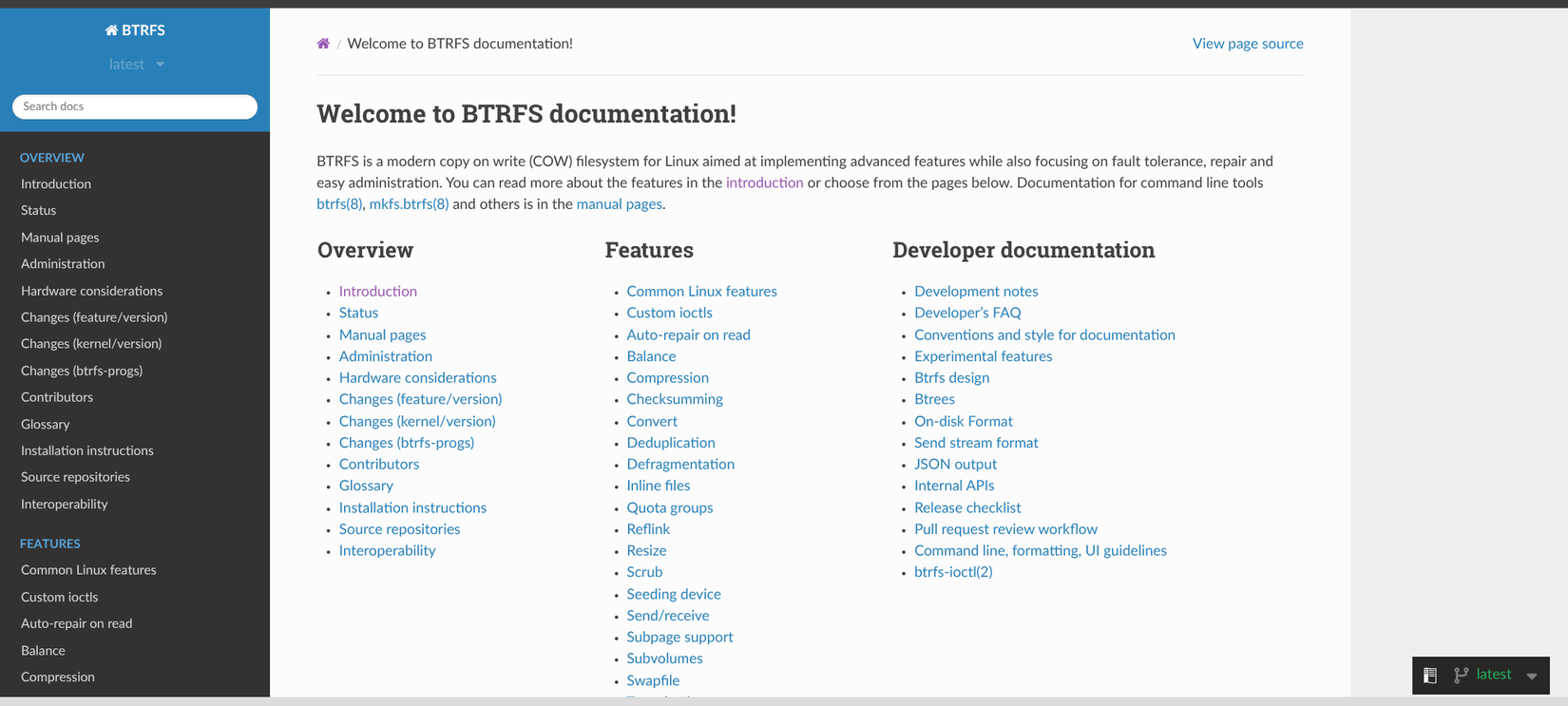 screenshot of btrfs documentation homepage