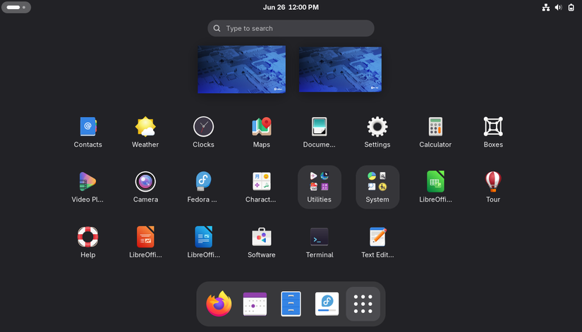 screenshot of fedora gnome apps view