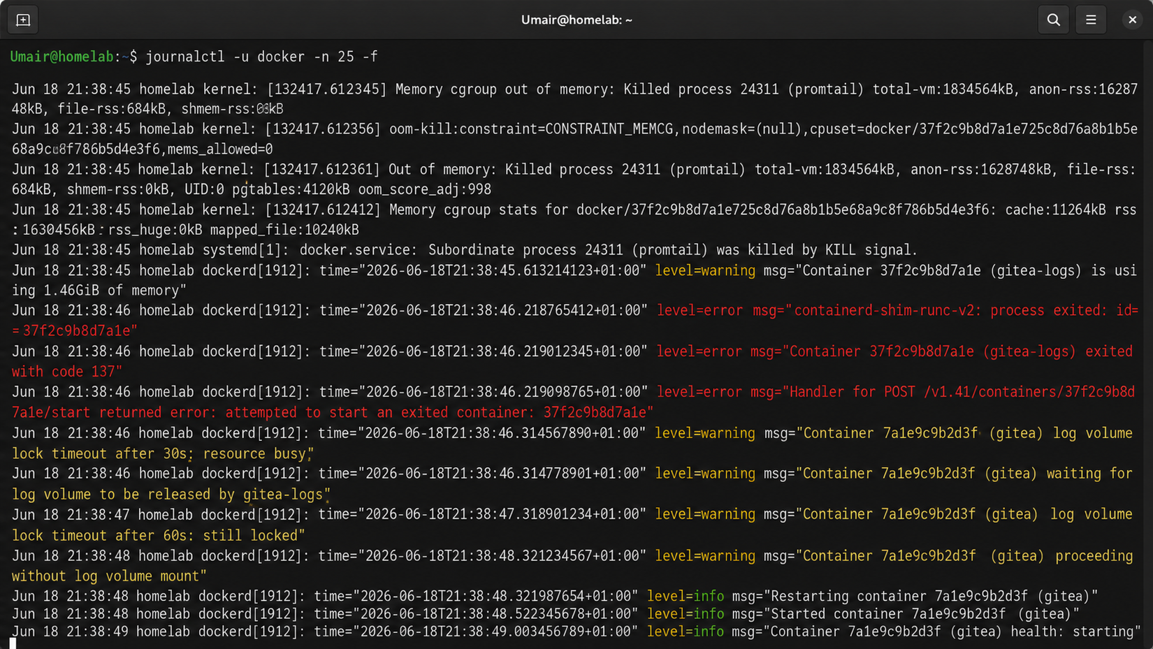 screenshot of journalctl docker log