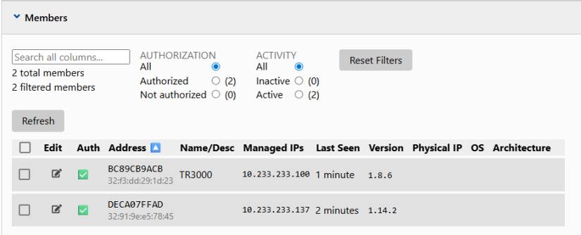 screenshot of network members in zero tier