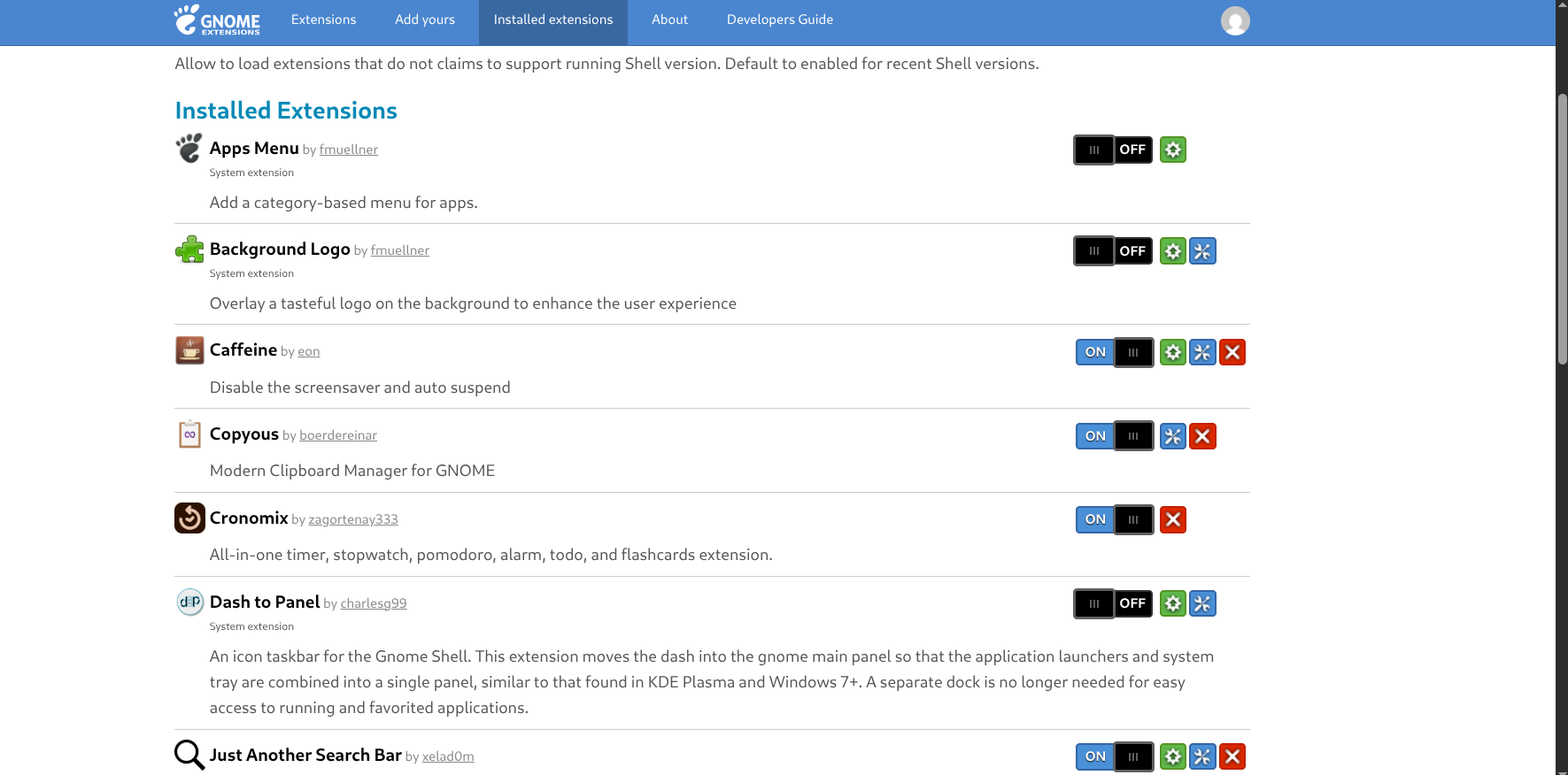 screenshot of some of the installed GNOME extensions