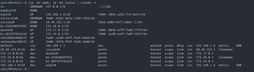 screenshot of using the ip command