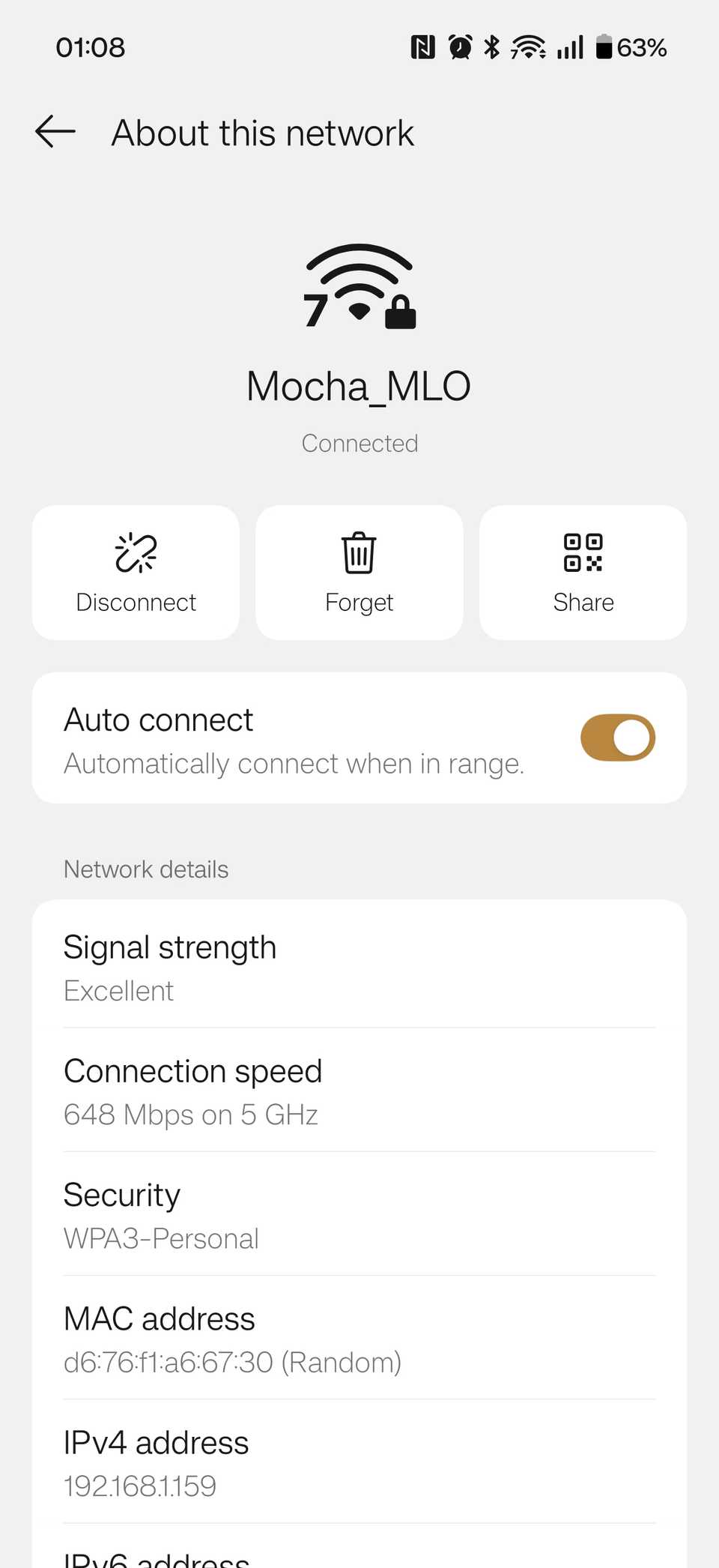 A screenshot of a Wi-Fi 7 connection on a phone.