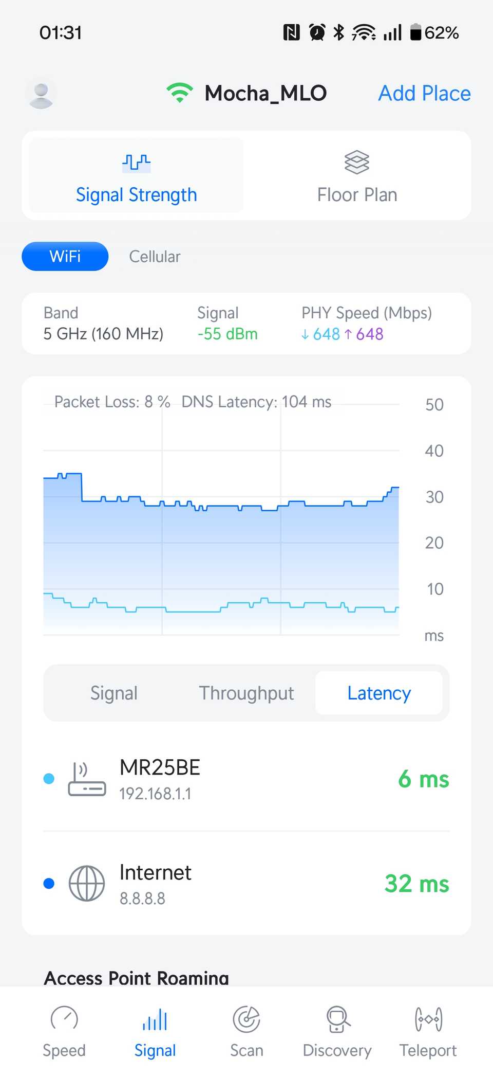 A screenshot of the WiFiMan app running on an Android phone.