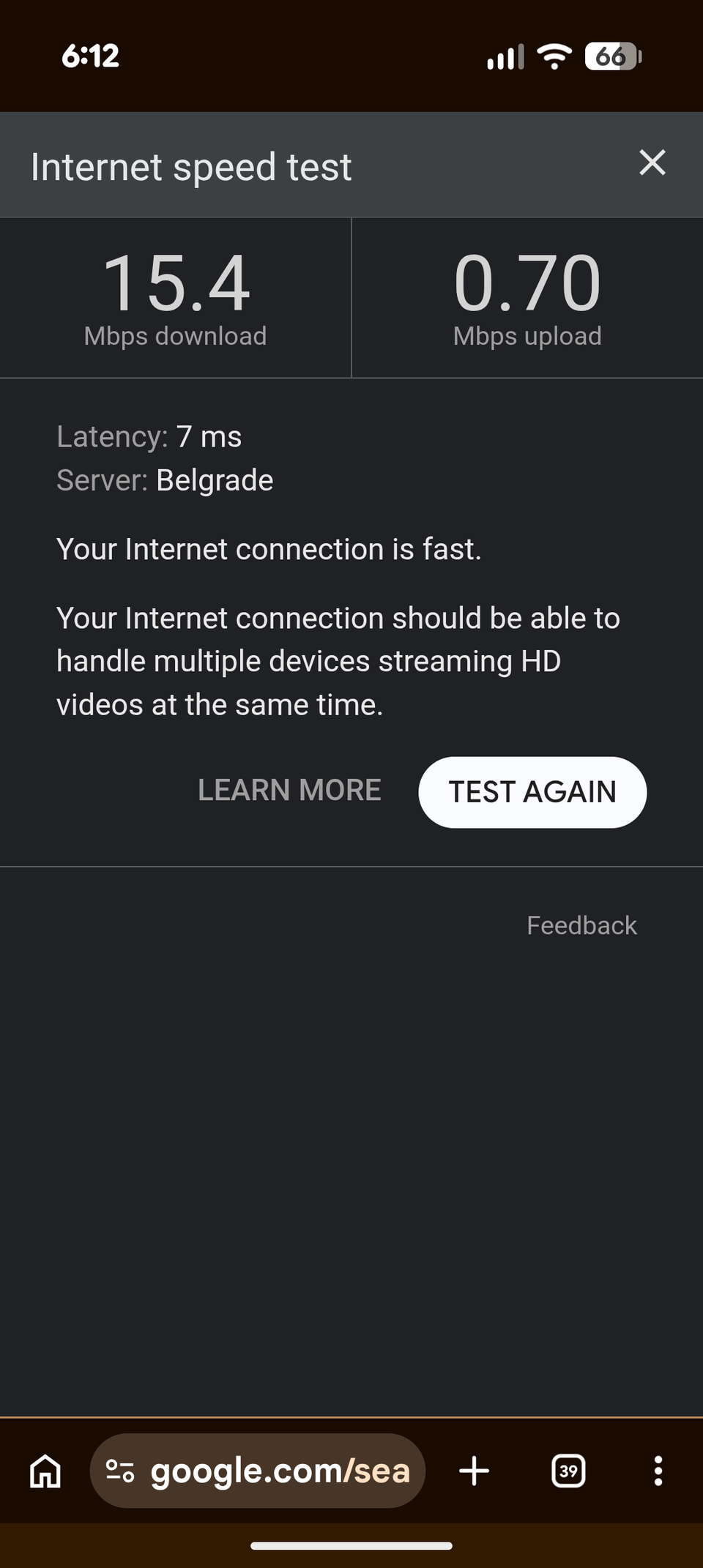Internet speed test result. 