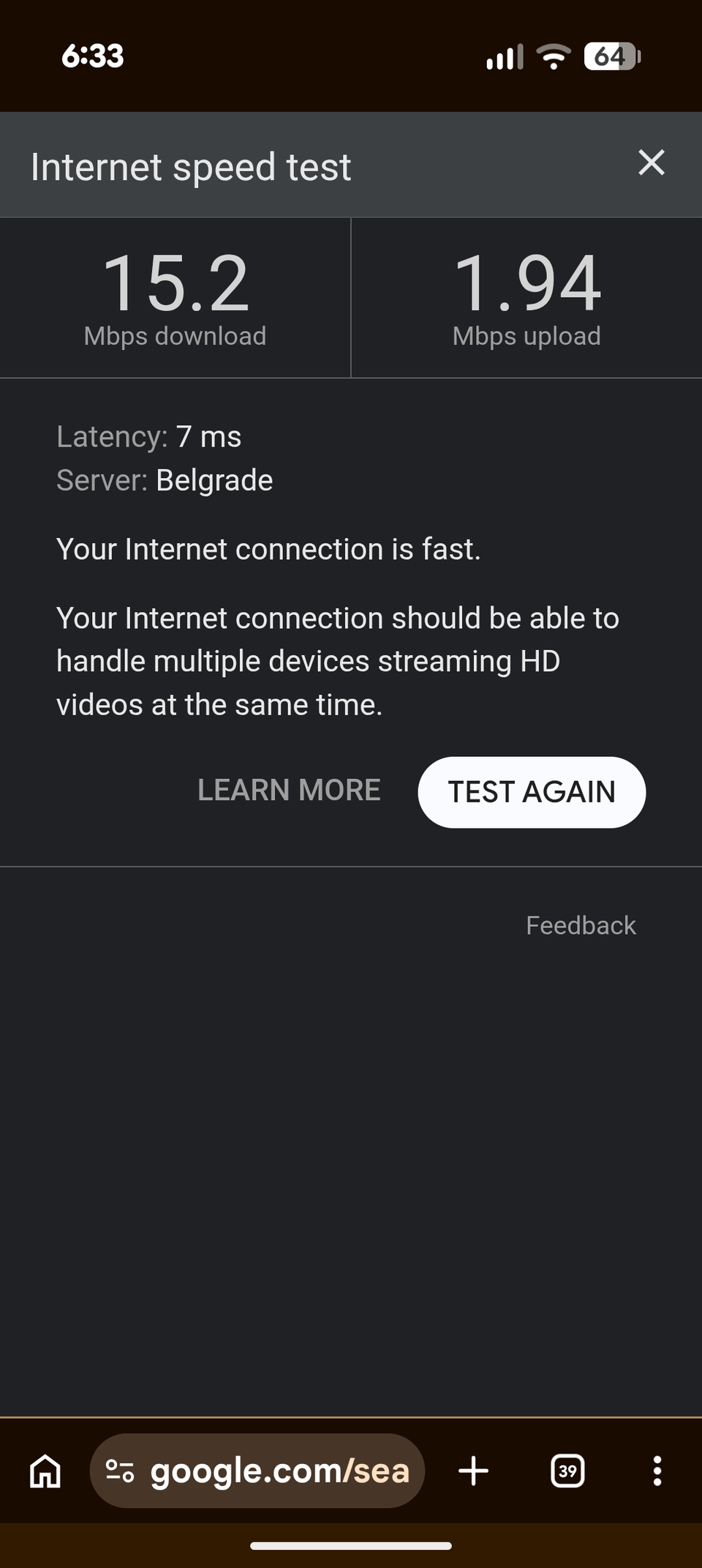 Internet speed test result. 