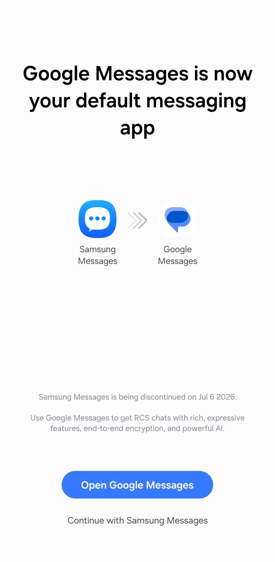 Show Message Android You have one week to switch from Samsung Messages to Google Messages