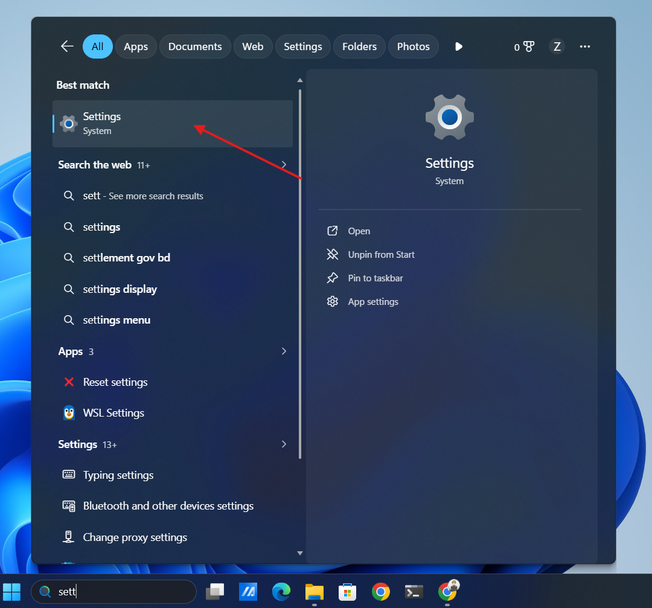 Searching for Settings from the Taskbar in Windows 11.