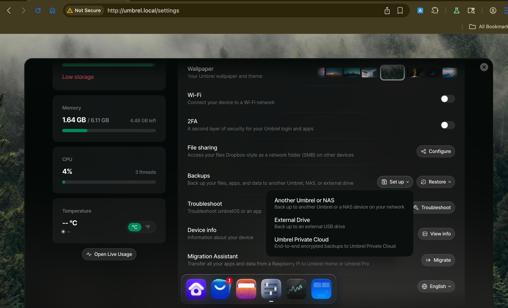 Set up automated backups inside umbrelOS.