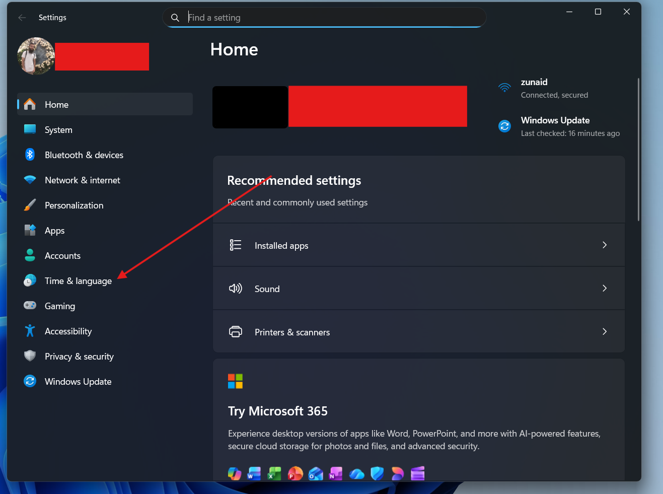 Settings opened in Windows 11 with Time & Language pointed at.