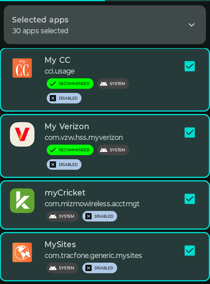 Several unncessary apps or bloatware prepped for removal on a Motorola phone