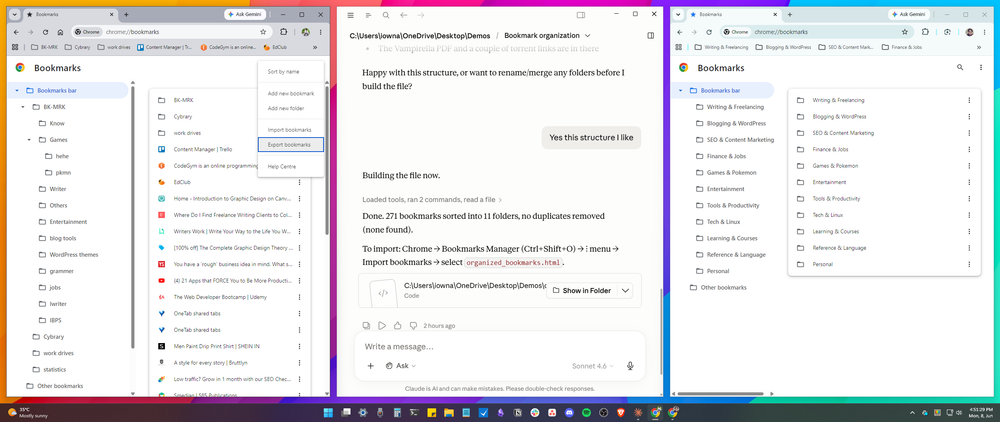 Before and after: messy bookmark folders transformed into clean, categorized structure