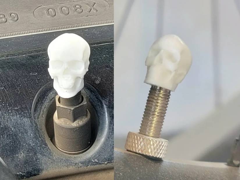 Skull valve caps by MakerWorld user Printed Solutions.