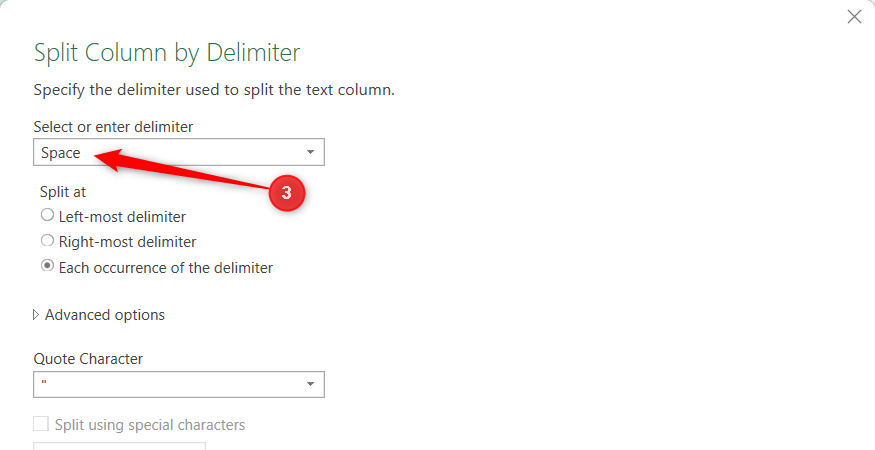 Space is selected as the delimiter when splitting columns in Power Query.