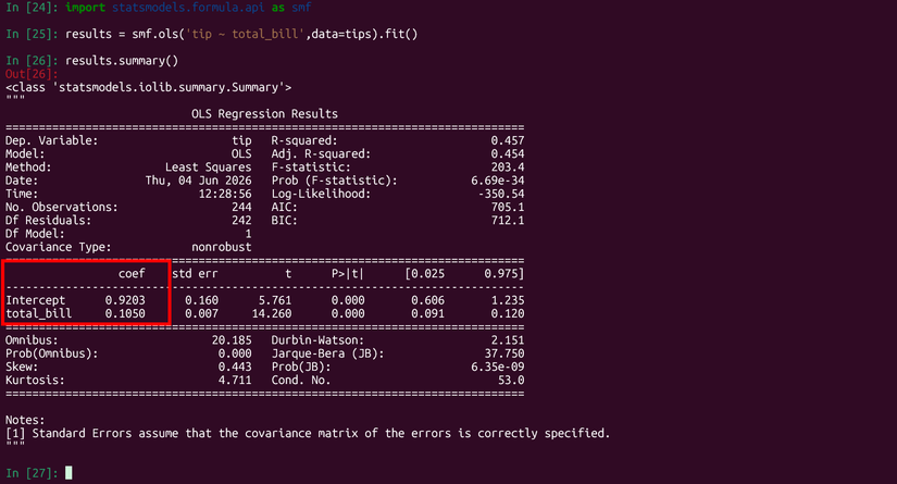 Statsmodels regression results, with coefs column highlighted by a red box.