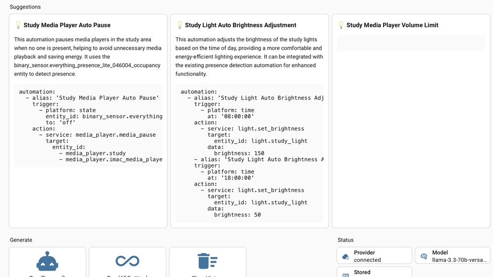 AI Automation Suggester generates automation ideas based on your specific smart home setup