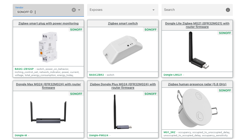 Supported Sonoff devices for Zigbee2MQTT.