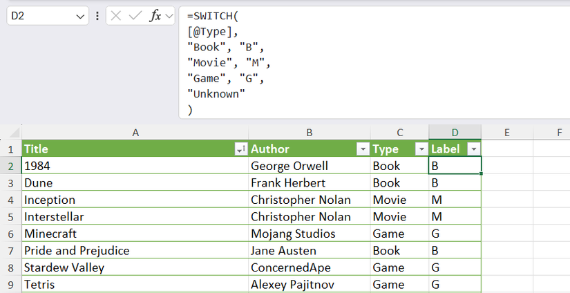 SWITCH used in Excel to categorize different media types by their first letter.