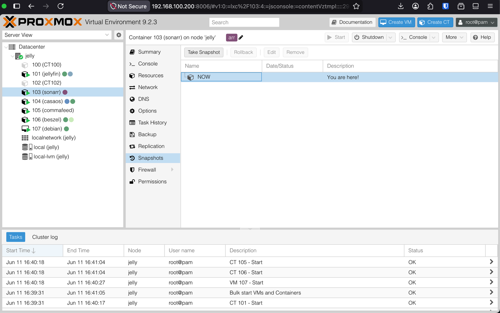 Take snapshots with Proxmox web UI.