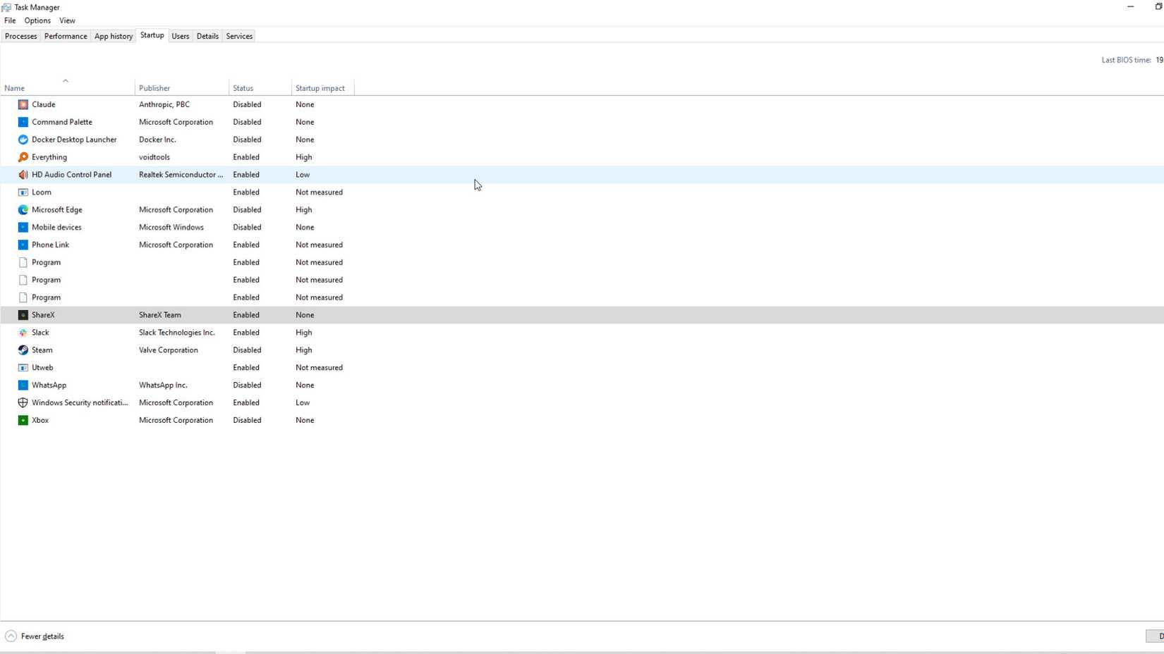Task manager startup tab