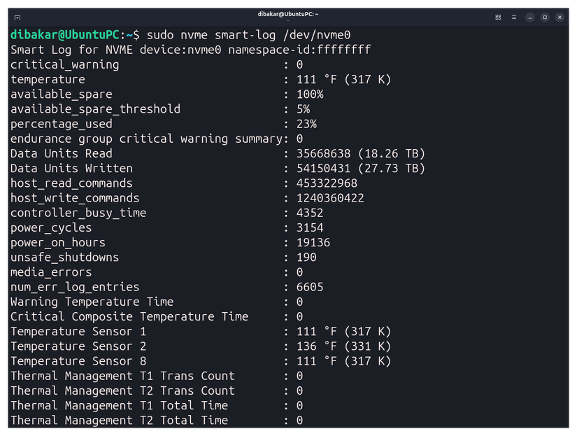Terminal showing sudo nvme smart-log output with percentage used at 23, available spare at 100, and 6605 error log entries.