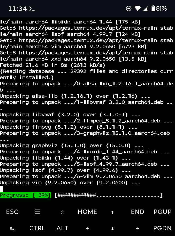 Termux installing packages faster after debloating a Motorola phone.