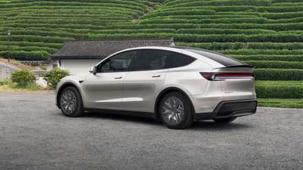 Tesla Model Y L in front of rice paddies
