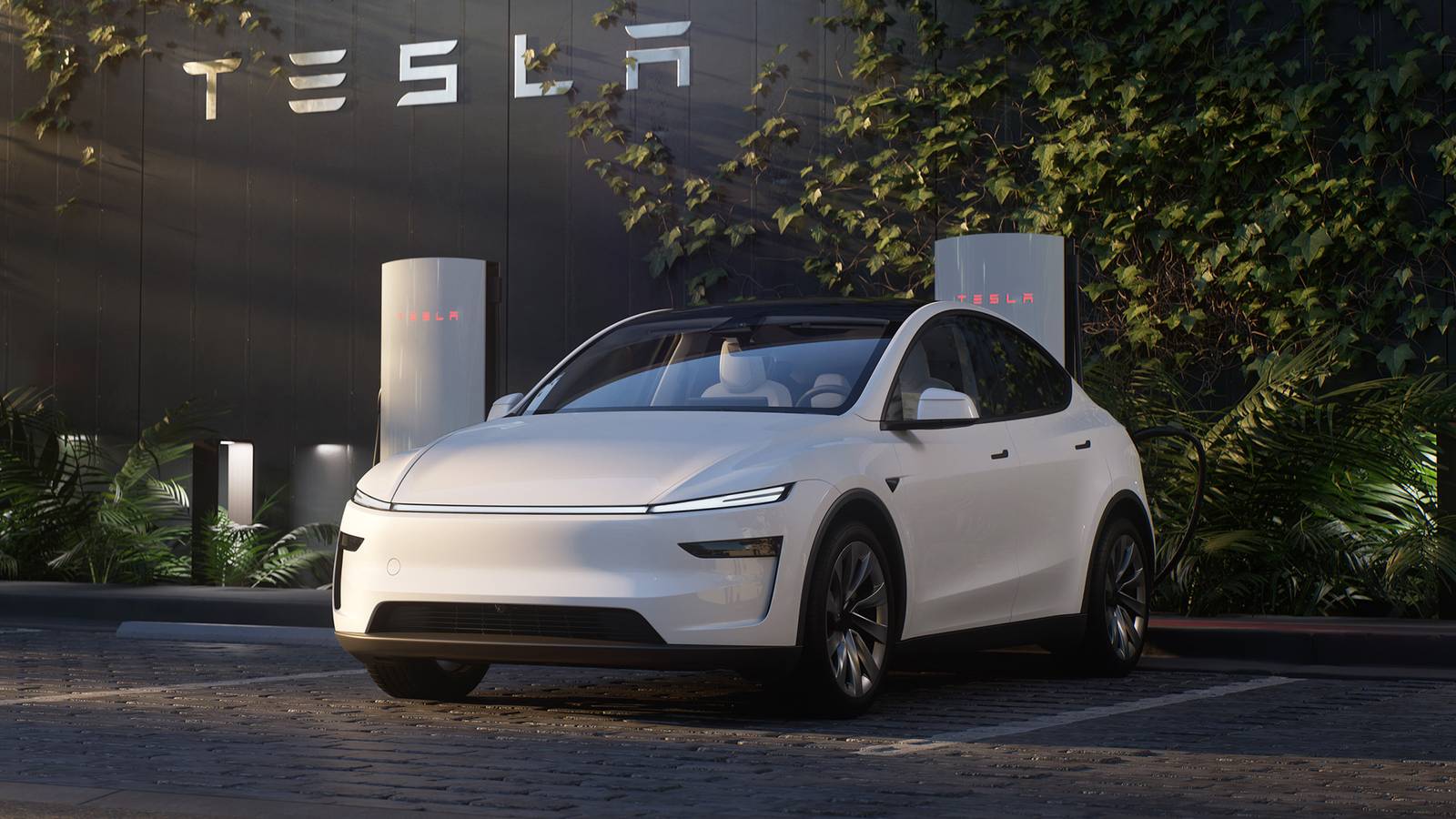 Tesla Model Y charging at a Supercharger station