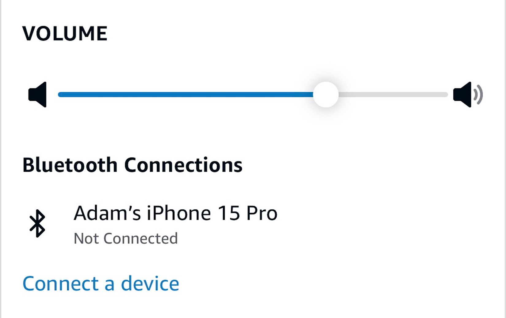 The Alexa app showing an iPhone 15 Pro listed under Bluetooth Connections.