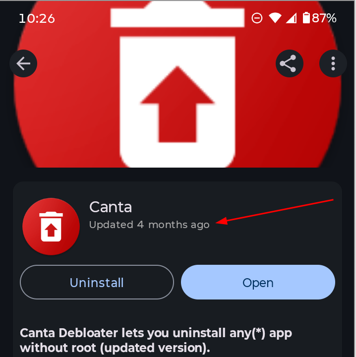 The Canta app page in F-Droid, showing the app was updated 4 months ago.