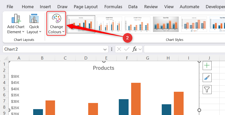 The Change Colors drop-down option is highlighted on the Microsoft Excel ribbon menu.