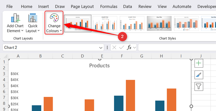 The Change Colors drop-down option is highlighted on the Microsoft Excel ribbon menu.