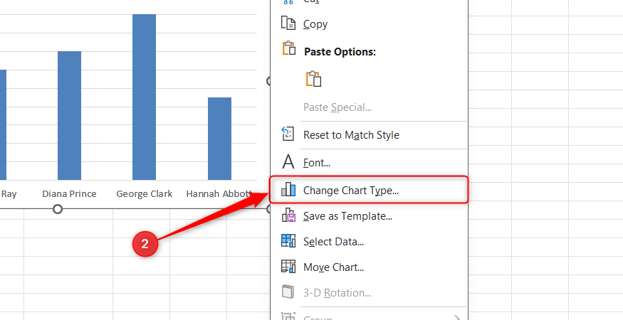 The context menu is opened on a new Excel chart, with the Change Chart Type option selected.