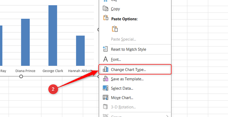 The context menu is opened on a new Excel chart, with the Change Chart Type option selected.