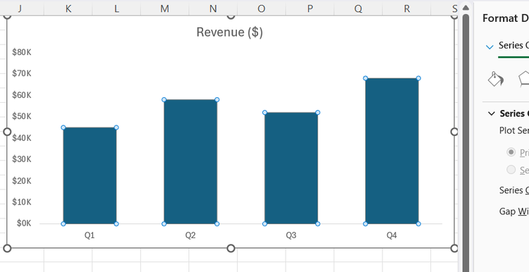 The data bars on a column chart are widened in Excel.