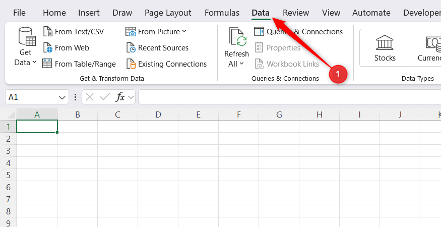The Data tab is opened in a blank Excel workbook.