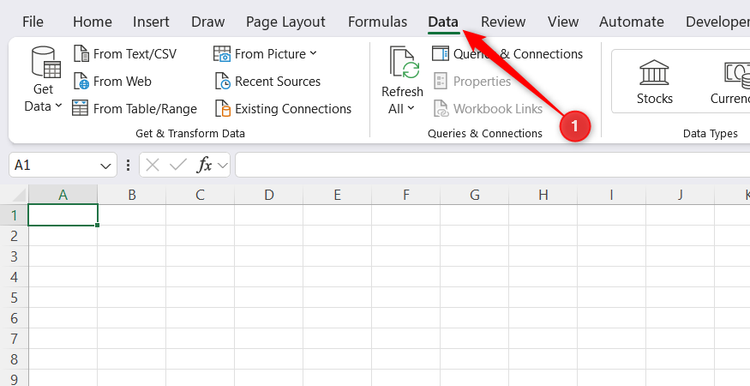 The Data tab is opened in a blank Excel workbook.