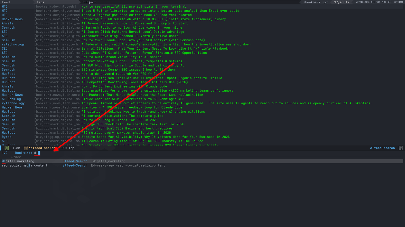The Emacs elfeed reader displays a list of tagged news entries. A fuzzy search message at the bottom lists saved bookmark filters.
