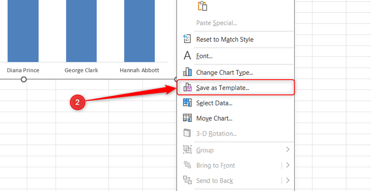 The Excel chart context menu is displayed with the Save as Template command highlighted.