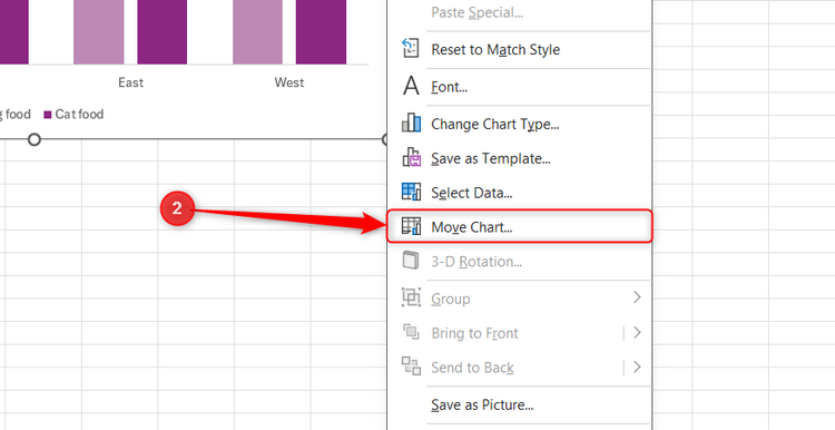The Excel chart context menu is opened with a selection box highlighting the Move Chart option