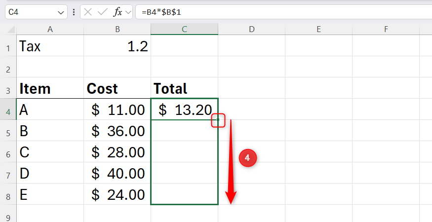 The Excel fill handle is dragged down from a cell containing a locked formula cell to the remaining cells in the column.