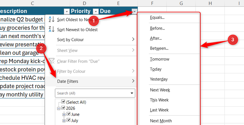 The Excel table filter drop-down menu is expanded from the Due column header, where the Date Filters sub-menu reveals chronological filtering options.