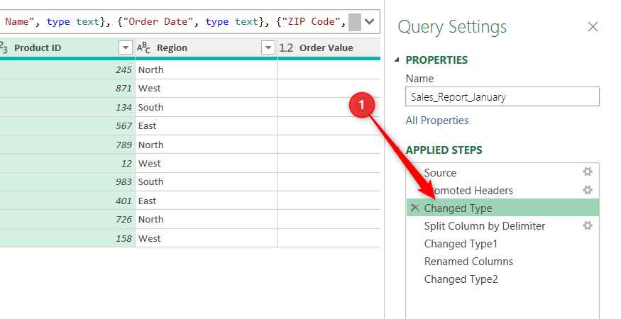 The first Changed Type step is selected in the Power Query Editor Applied Steps pane.