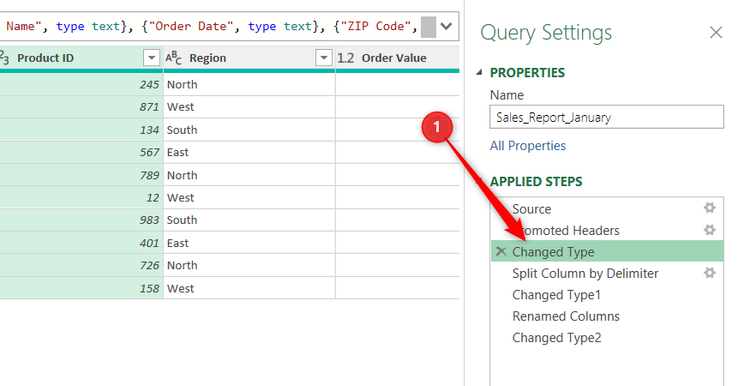 The first Changed Type step is selected in the Power Query Editor Applied Steps pane.